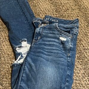 American Eagle Outfitters Women's Dark Blue Ripped Skinny Jeans